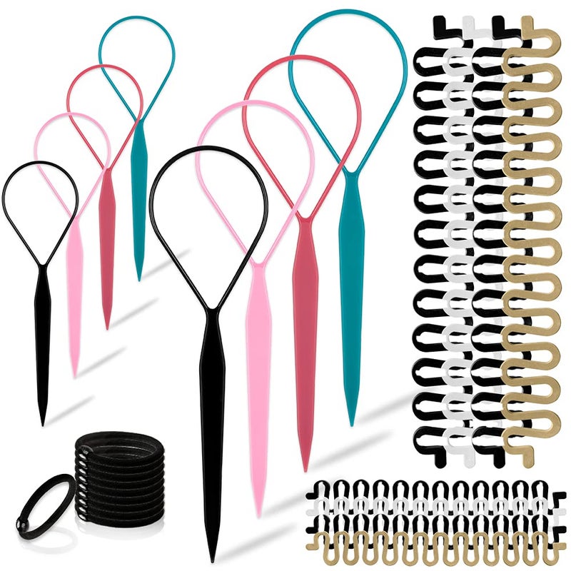 TsMADDTs Hair Braiding Tools Set, 8PCS Topsy Tail Tools, 8PCS French Centipede Braiders for French Twist Plait Ponytail, 10PCS Black Hair Ties Bulk - Image 1